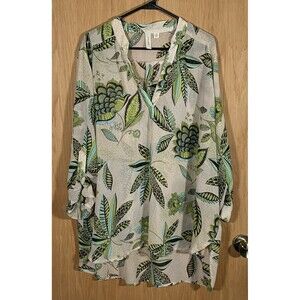 Women's 3X Sheer Top Tunic Roll Tab Sleeve Tropical Boho Festival Coastal Beachy